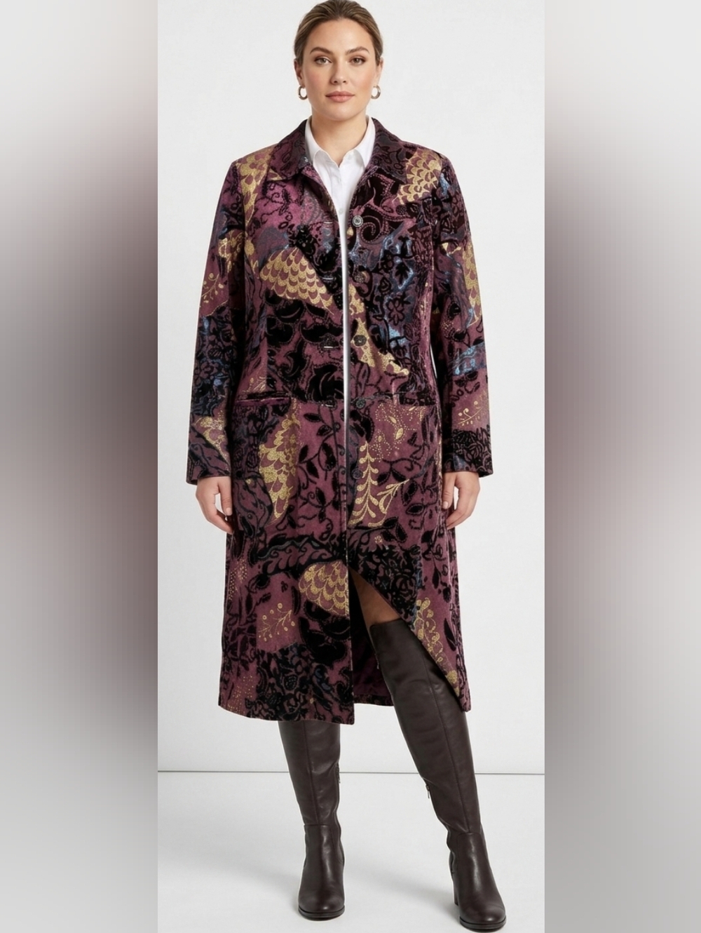 Leather Velvet Burnout Coat Metallic Floral Jacket Statement Duster Size 14
